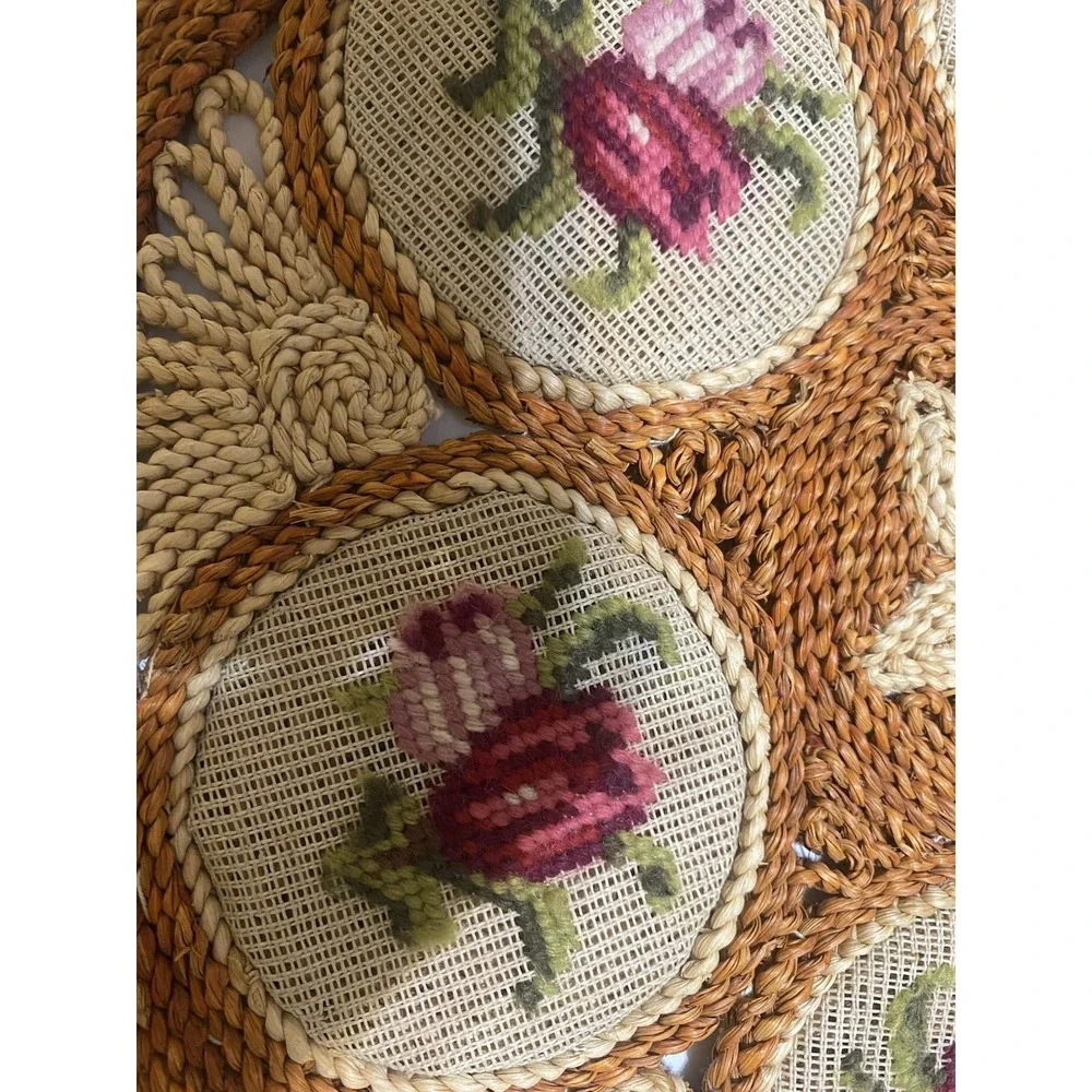 Woven Rattan Table Centerpiece 1970's MCM Needlepoint  Roses-As Is